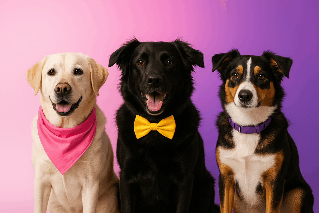 Tres perros con diferentes tipos de pelaje luciendo accesorios en colores que resaltan su apariencia y personalidad.