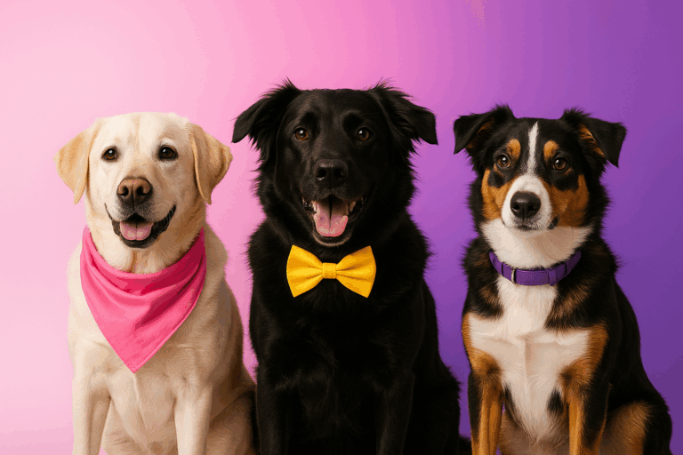 Tres perros con diferentes tipos de pelaje luciendo accesorios en colores que resaltan su apariencia y personalidad.