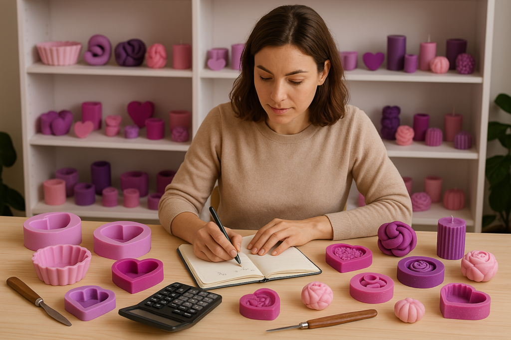 Emprendedora calculando precios de productos con moldes de silicona en un taller artesanal con artículos en tonos rosa y morado.