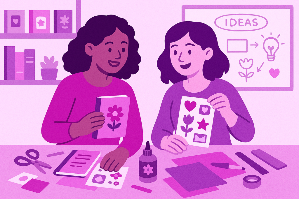 Dos mujeres emprendedoras colaborando en proyectos de papelería creativa en un espacio de trabajo compartido.