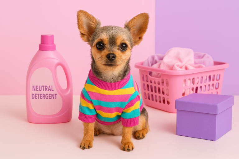 Perrito pequeño con ropa colorida, junto a una cesta, detergente y caja de almacenamiento sobre fondo rosa y morado.
