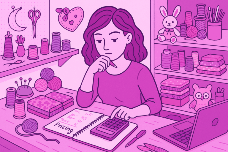 Ilustración de una emprendedora artesanal calculando precios justos para sus productos hechos a mano, rodeada de materiales como telas, hilos y herramientas, con una calculadora y notas en una mesa de trabajo.