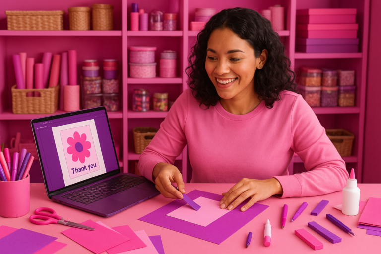 Emprendedora diseñando productos de papelería creativa en un espacio de trabajo organizado y colorido.