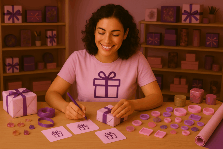 Emprendedora decorando regalos personalizados en tonos rosa y morado en su taller.