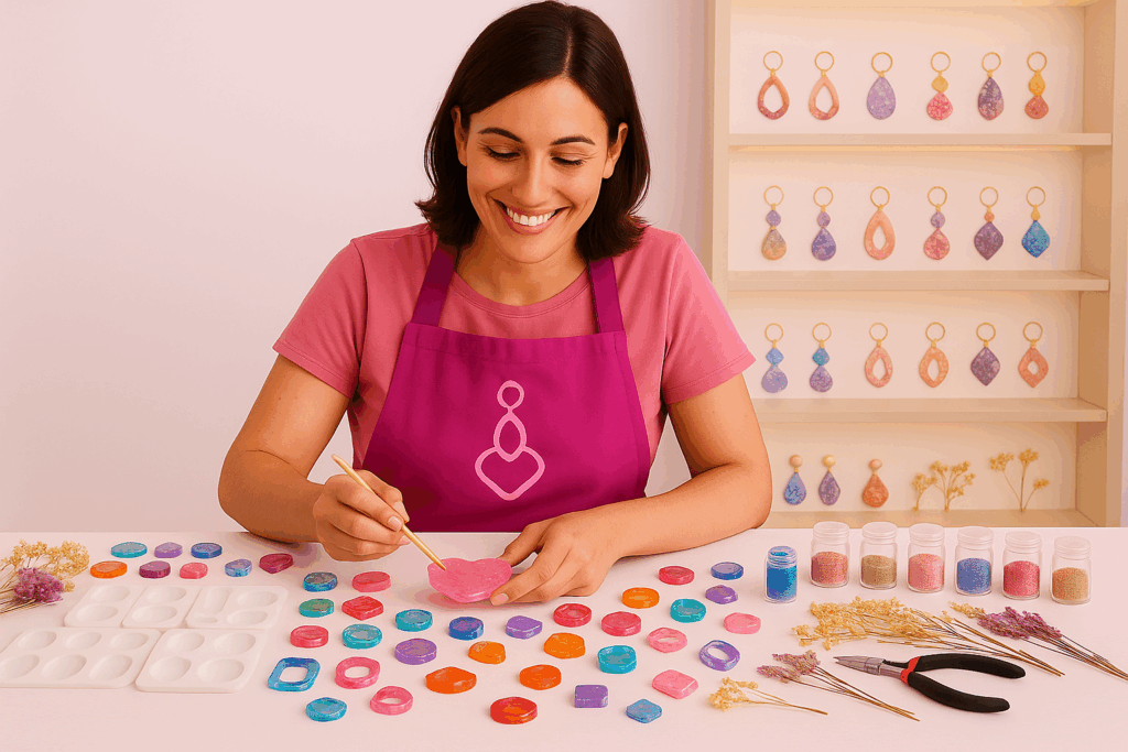 Emprendedora creando accesorios de resina en su taller, destacando su marca personal.