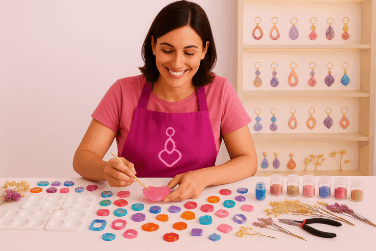 Emprendedora creando accesorios de resina en su taller, destacando su marca personal.