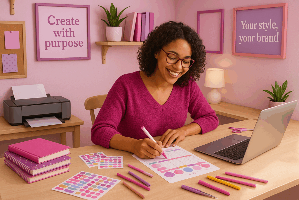 Mujer emprendedora diseñando papelería creativa desde casa en un espacio organizado con tonos rosa y morado