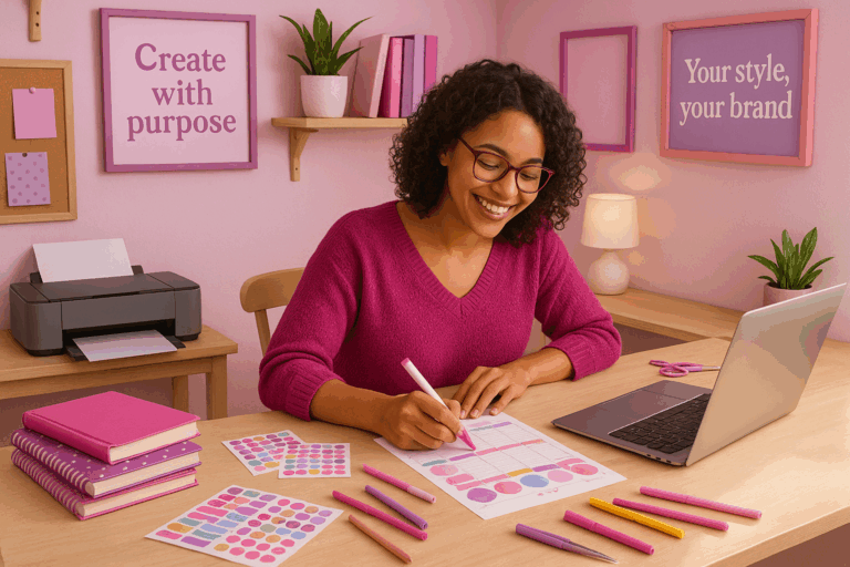Mujer emprendedora diseñando papelería creativa desde casa en un espacio organizado con tonos rosa y morado