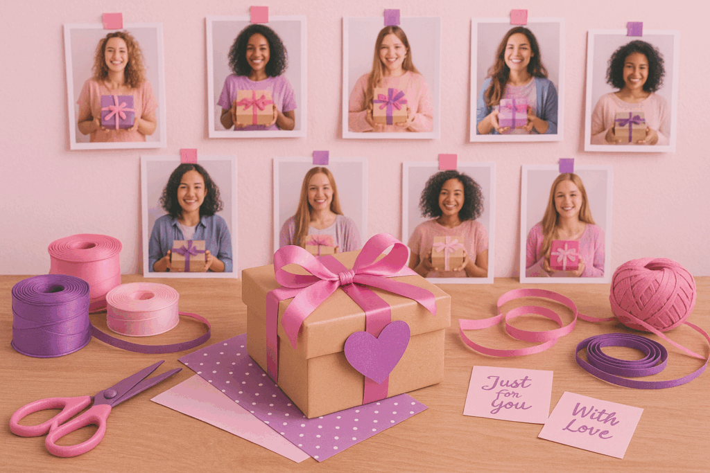 Mesa de trabajo con materiales de manualidades y caja de regalo personalizada, representando emprendimientos de regalos personalizados.