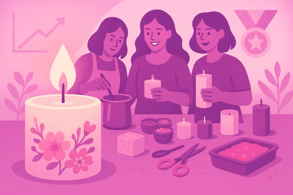 Mujeres emprendedoras creando velas artesanales en un taller, simbolizando éxito y creatividad.