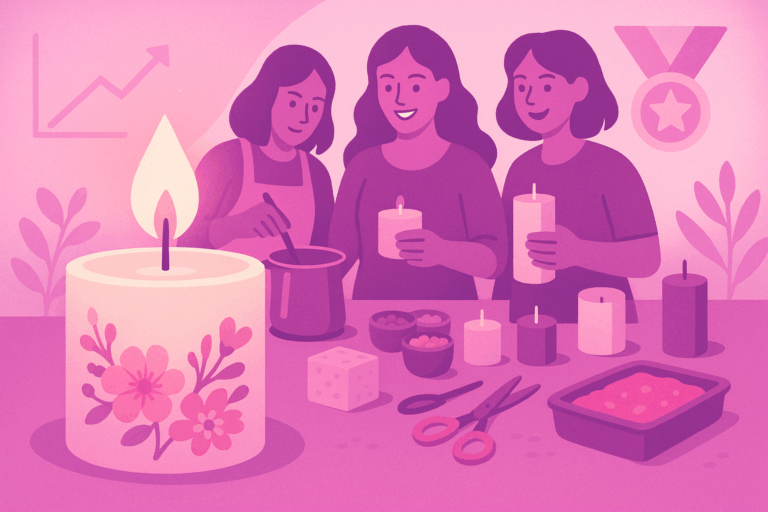 Mujeres emprendedoras creando velas artesanales en un taller, simbolizando éxito y creatividad.