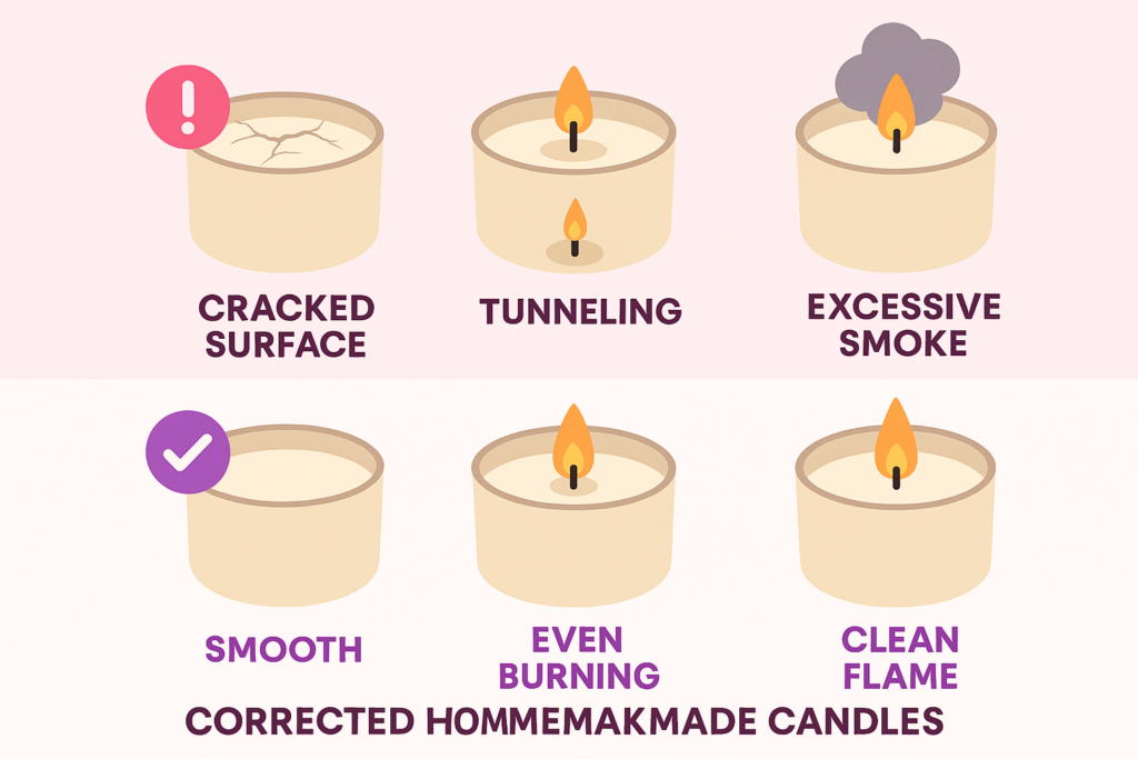 Comparación de errores comunes y soluciones en la fabricación de velas artesanales.