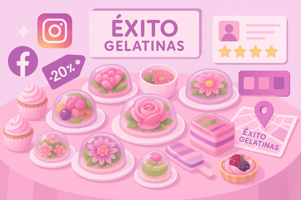 Mesa con postres creativos y coloridos rodeada de íconos de redes sociales, reseñas, mapa con ubicación y elementos de branding, en colores rosa y morado.