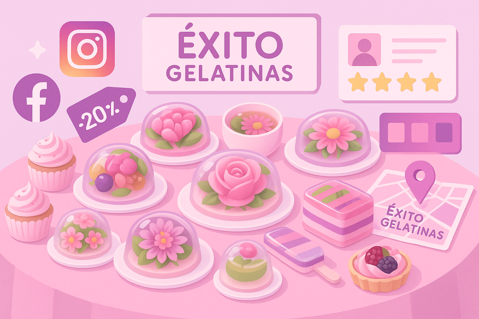 Mesa con postres creativos y coloridos rodeada de íconos de redes sociales, reseñas, mapa con ubicación y elementos de branding, en colores rosa y morado.