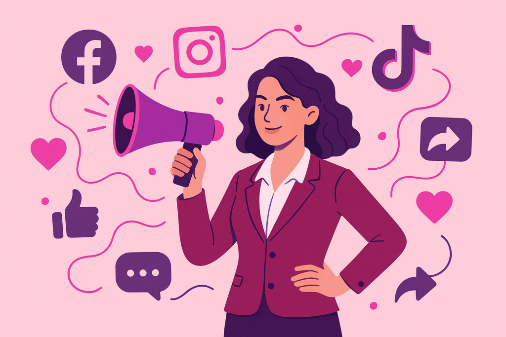 Emprendedora con megáfono rodeada de íconos de redes sociales y símbolos de interacción, representando la viralidad del contenido.