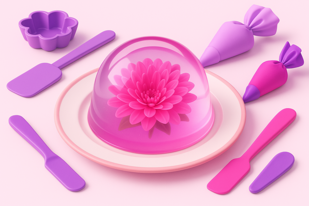 Gelatina 3D con flor rosa en su interior, rodeada de utensilios de repostería en tonos rosa y morado.