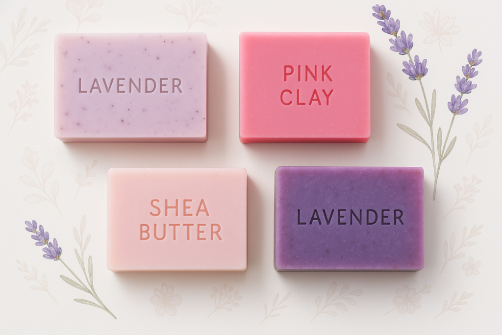Jabones artesanales en tonos rosa y morado con etiquetas de ingredientes naturales como lavanda, karité y arcilla rosa, representando tendencias de cuidado personal natural en 2025.​