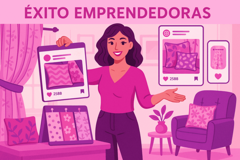 Mujer emprendedora mostrando sus creaciones de decoración textil en redes sociales como Instagram y Pinterest, con telas decorativas y ambiente acogedor.
