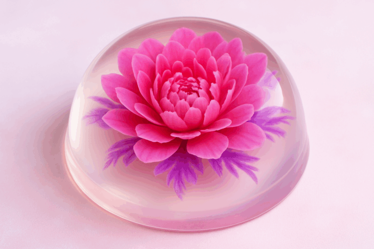 Gelatina artística 3D con diseño floral en tonos rosa y morado sobre fondo rosa-blanco.