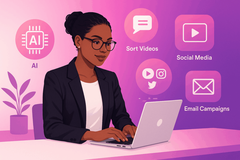 Emprendedora utilizando herramientas digitales con íconos de IA, videos cortos y redes sociales sobre fondo rosa y morado.