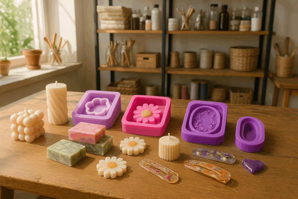 Mesa de trabajo con moldes artesanales de silicona en tonos rosa y morado, mostrando velas, jabones y accesorios de resina, representando tendencias de emprendimiento desde casa.