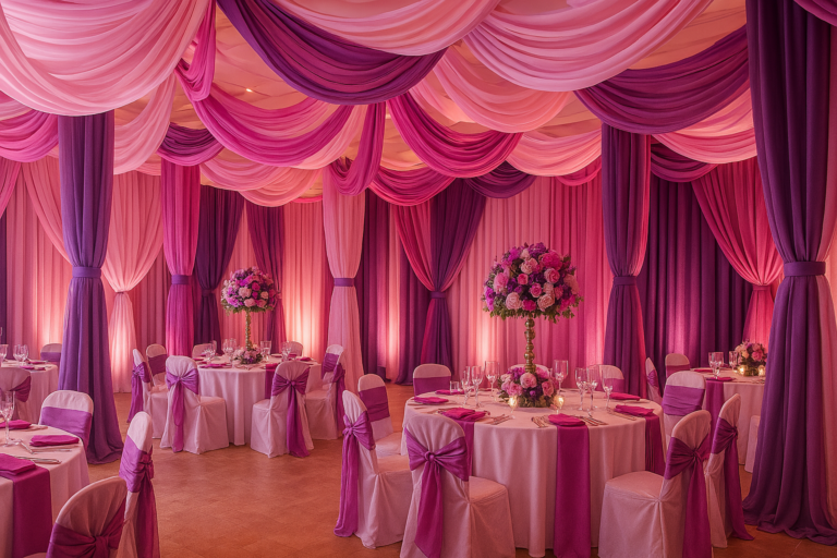 Decoración elegante de evento con telas en tonos rosa y morado